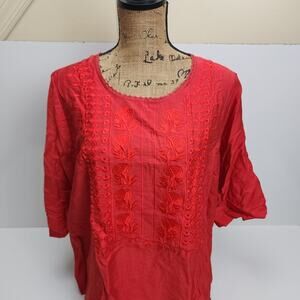 Women's Linen Bohemian Short Sleeve Embroidered Roses Lace Tunic Top Size L